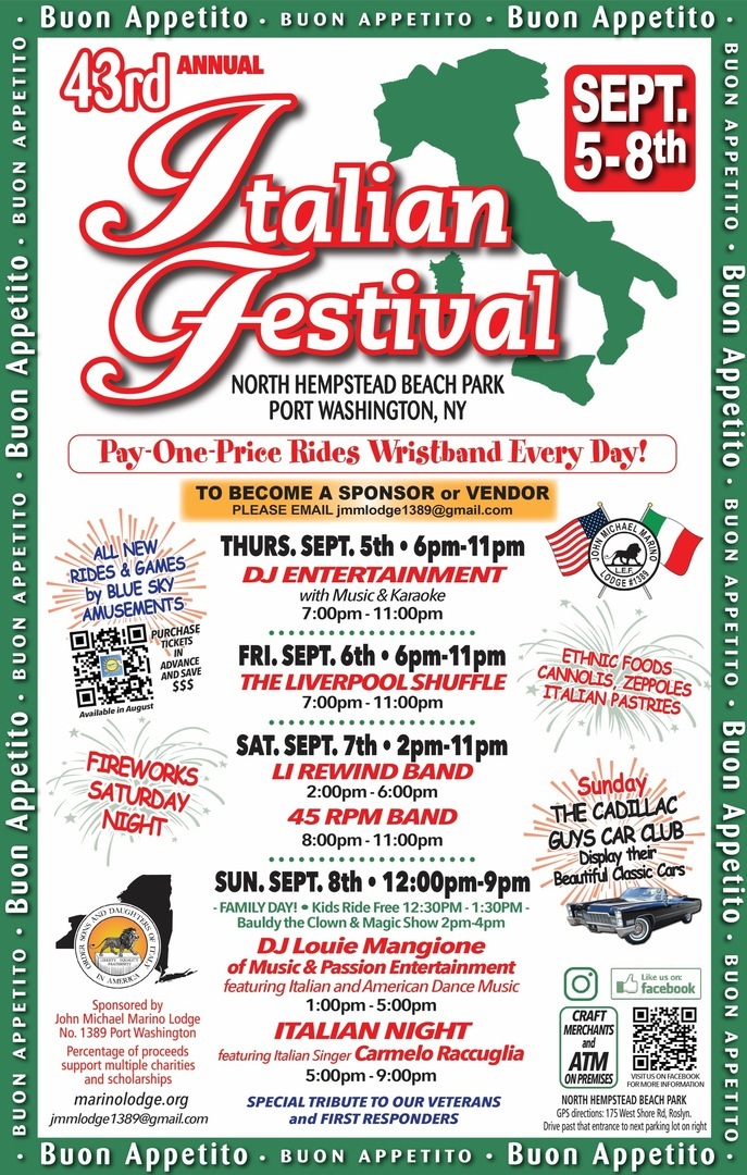 Annual Italian Festival - Port Washington NY - 9/5/24 thru 9/8/24 John Michael Marino Lodge No. 1389