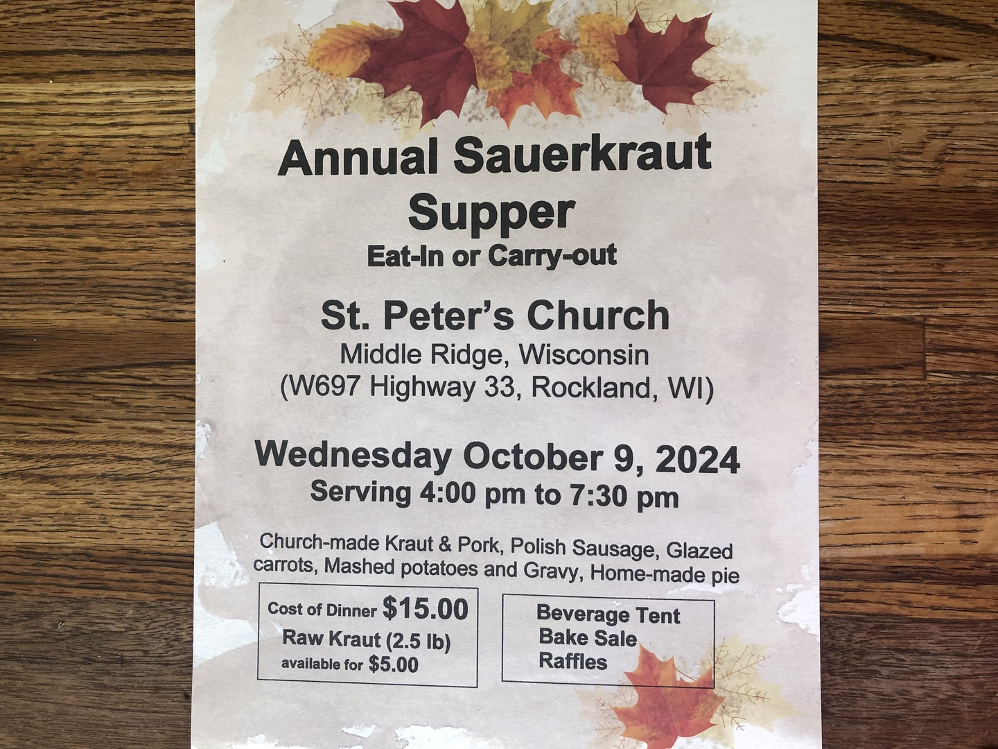 St. Peter's Parish--Middle Ridge 57th Annual Sauerkraut Supper October 9, 2024