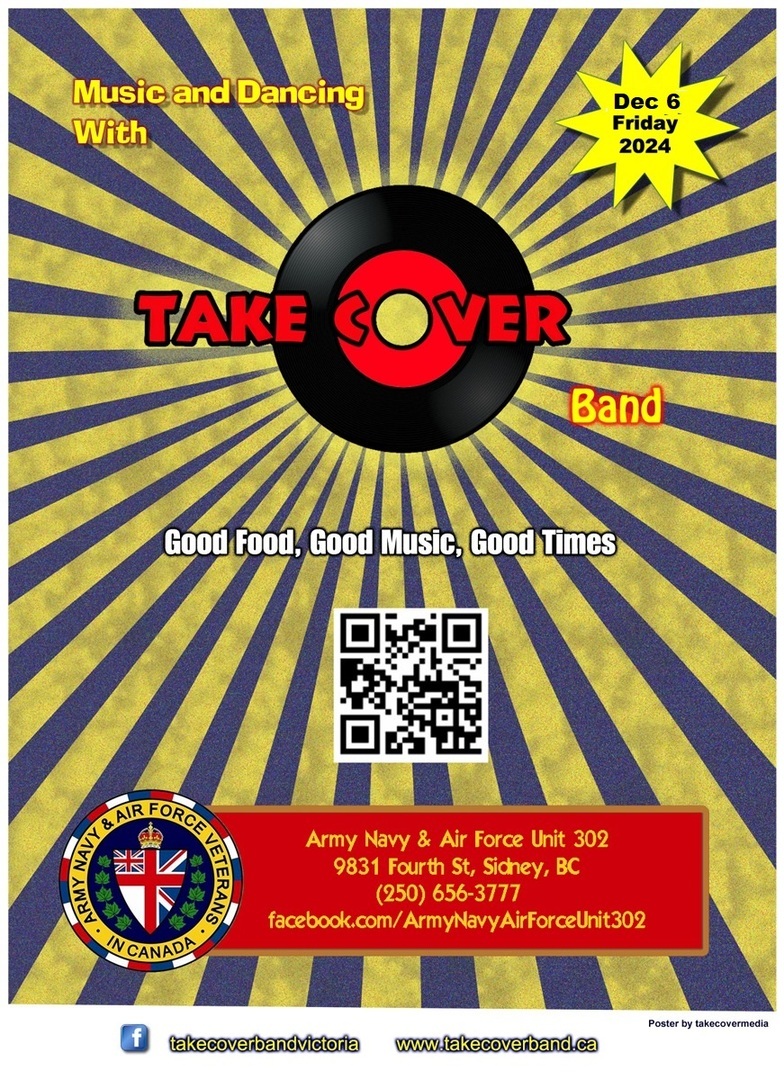Fun rock and roll dance & great food at the Sidney Anavets December 6th with Take Cover band.
