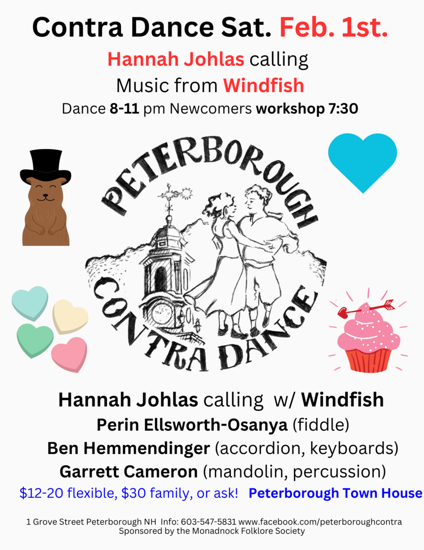 Contra Dance in Peterborough NH on Saturday February 1st. Hannah Johlas calling, music from Windfish