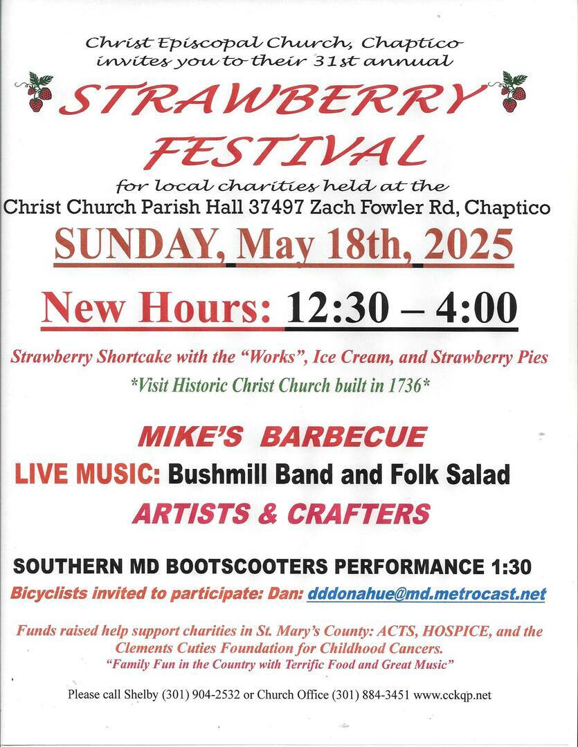 Strawberry Festival Sunday May 18th Christ Episcopal Church Chaptico Parish Hall