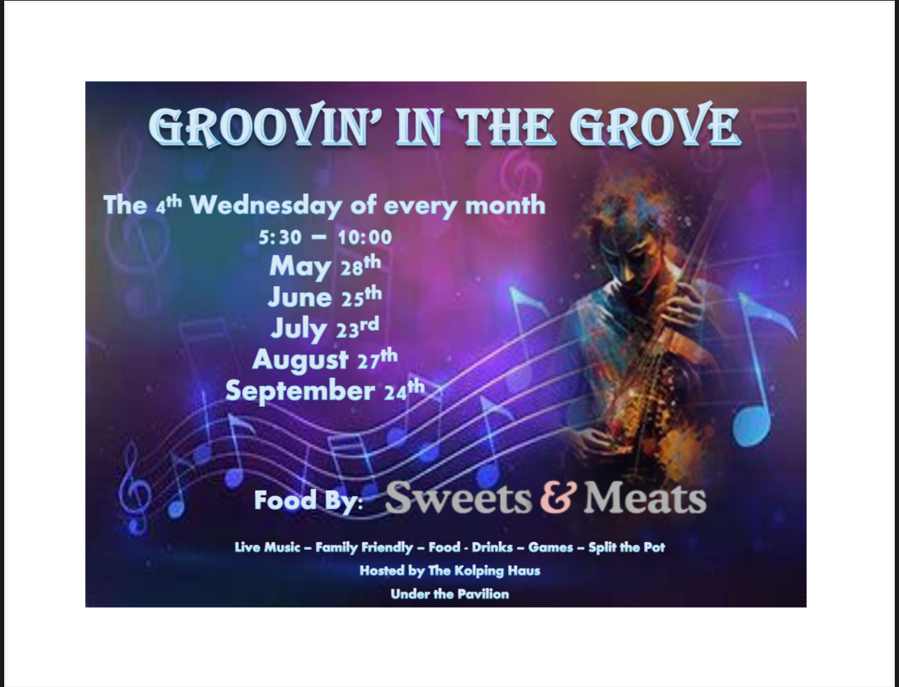 Groovin' in the Grove - Live Music Concert Series food by Sweets & Meats starting May 28