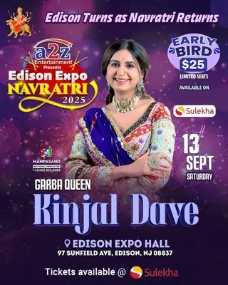 Navratri Edison with Kinjal Dave Live Garba in Edison Evvnt Events