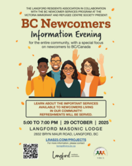 BC Newcomers Information Evening, 29 October, 5PM to 7PM at the Langford Masonic Lodge.