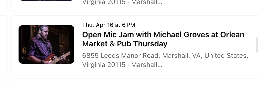 Thursday April 16th with Michael Groves at Orlean Market & Pub