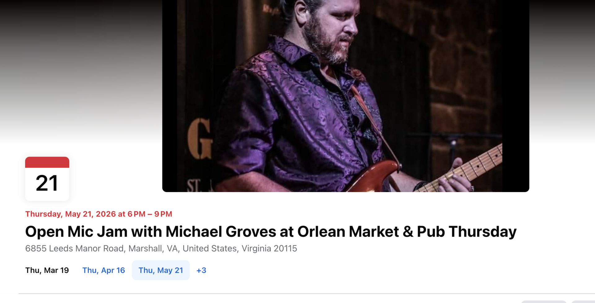 Thursday May 21st with Michael Groves at Orlean Market & Pub