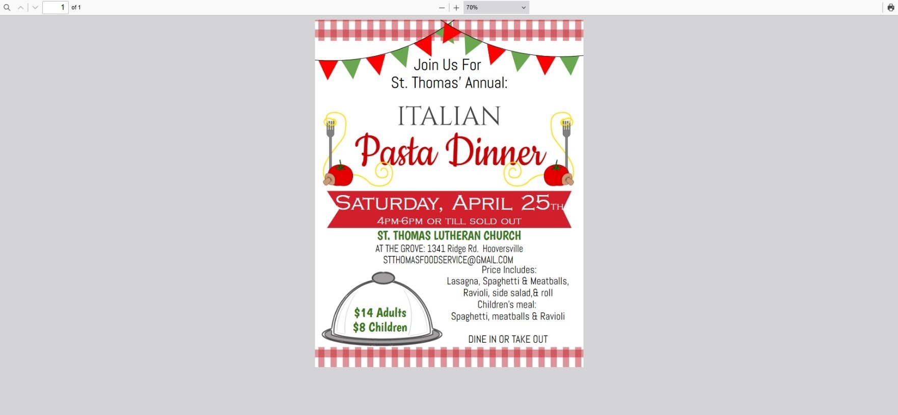 ST. THOMAS LUTHERAN CHURCH GROVE ITALIAN PASTA DINNER