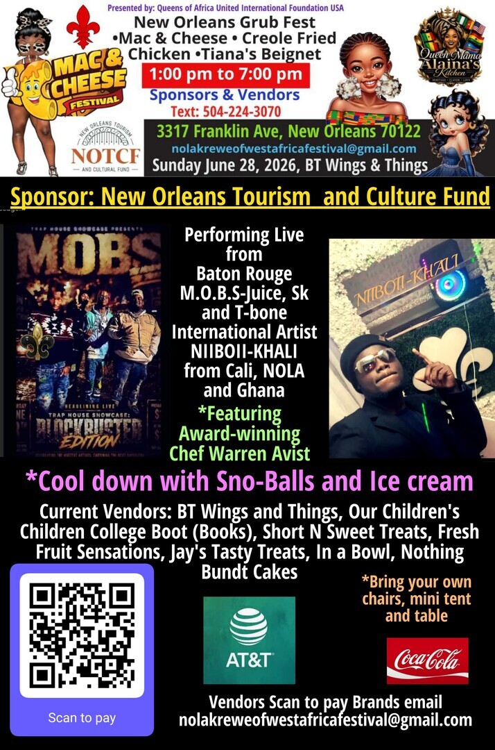 Mac & Cheese, Creole Fried Chicken with Tiana's Beignet Grub Fest, Sunday June 28, 2026
