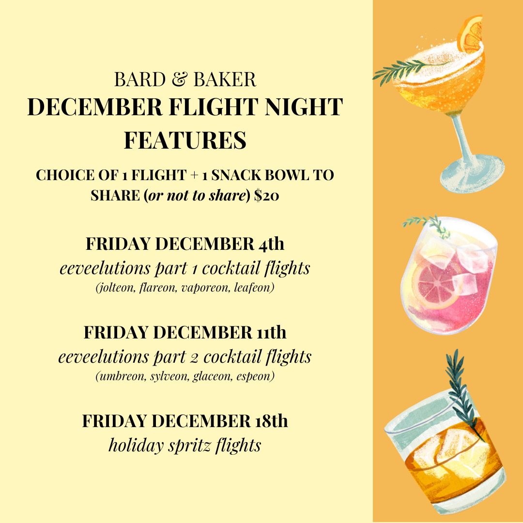 Flight Night Friday: Pokemon Eeveelutions Part 1 Cocktail Flights at Bard & Baker in Troy - Flight Night Friday: Pokemon Eeveelutions Part 1 Cocktail Flights at Bard & Baker in Troy