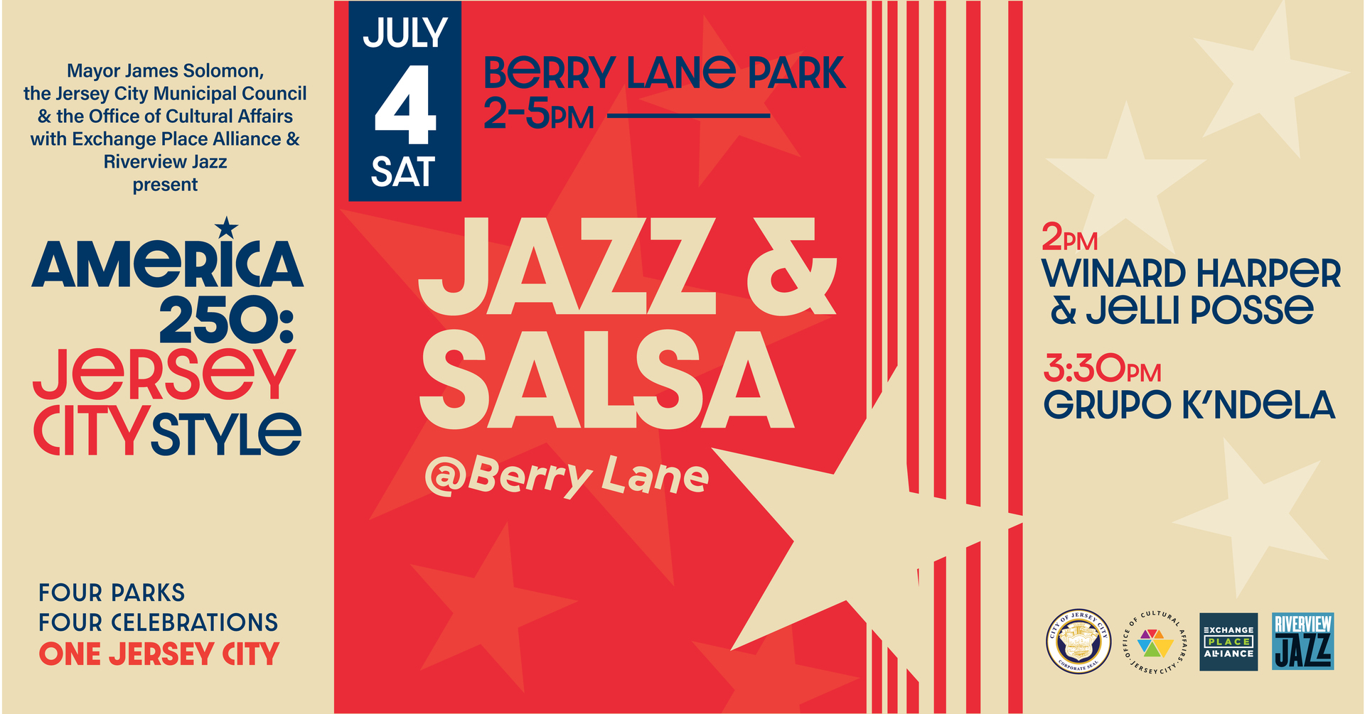 America 250: Jersey City Style! Jazz & Salsa @Berry Lane Sat July 4th Winard Harper/Grupo K'ndela - America 250: Jersey City Style! Jazz & Salsa @Berry Lane Sat July 4th Winard Harper/Grupo K'ndela