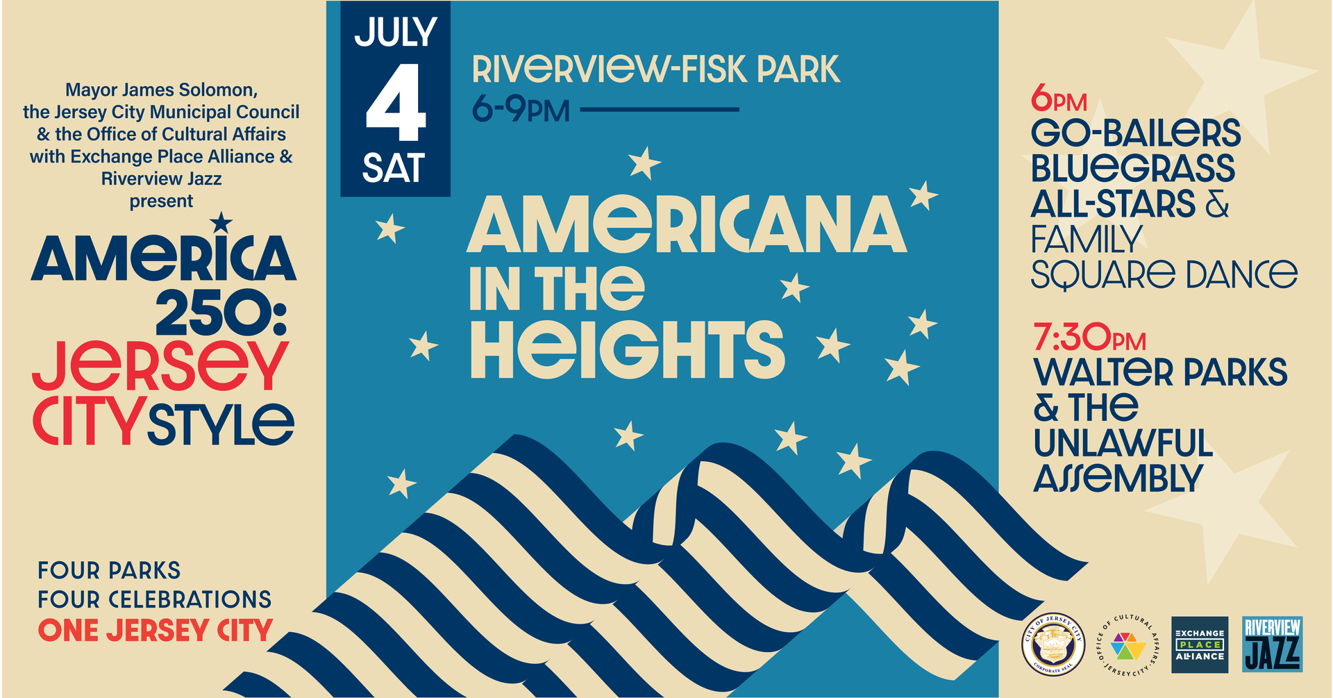 America 250: Jersey City Style! Americana In The Heights @Riverview-Fisk Park Sat July 4th 6-9 PM