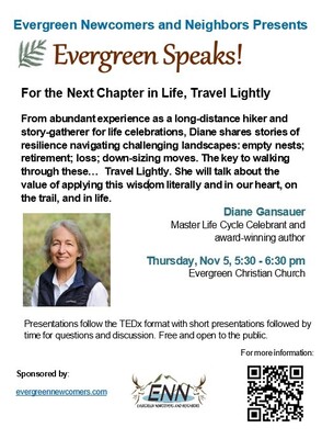 "Evergreen Speaks! featuring Diane Gansauer: "For the Next Chapter in Life, Travel Lightly"