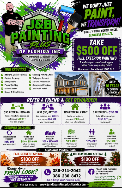 J&B Painting Plus ( $500 Off Full Exterior Painting with Houses 1800 sq ft or More)